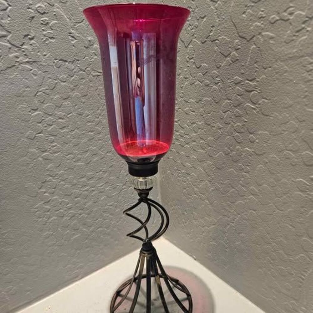 1990s Red Glass and Metal Decorative Candle Holder 20.5"